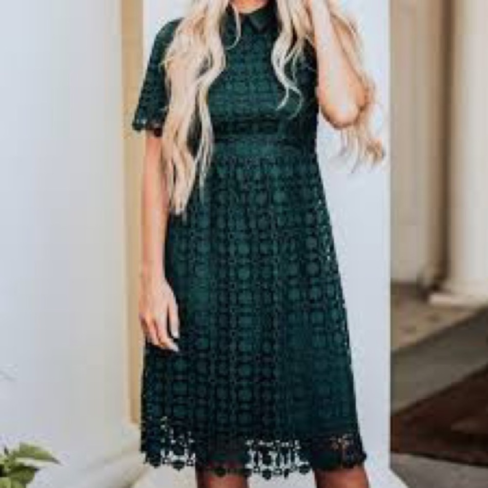 Jessa Kae Emerald Romantic Lace Collared Dress